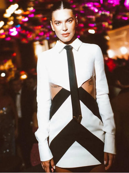 Trendy Long Sleeve Patchwork Black White Mini Bandage Dress