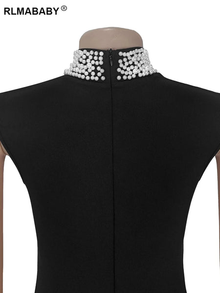 Trendy Fashion Pearl Ruched Black Formal Dress