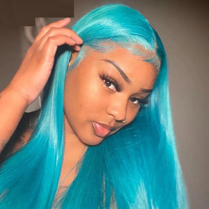 Trendy Sky Blue Color 26" Long Silky Straight Lace Wig