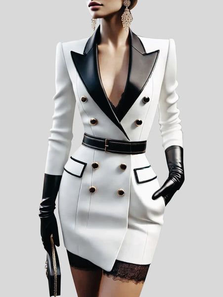 Trendy White & Black Blazer Jacket Mini Dress With Belt
