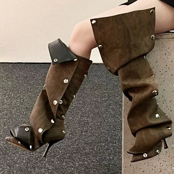Trendy High Heel Pointed Denim Metal Button Artsy Boots