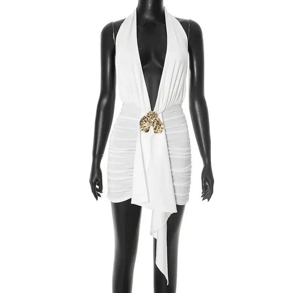 Trendy Sleeveless Halter Pleated Ribbon Dress