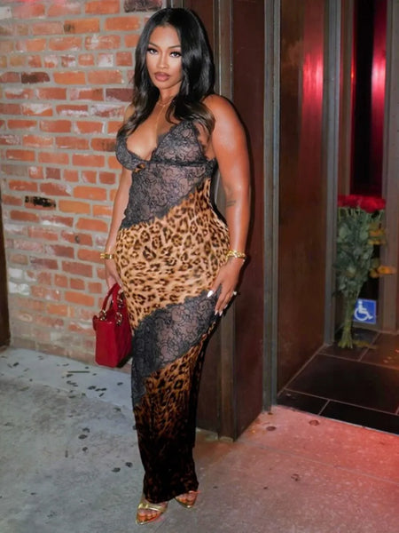 Trendy Black Leopard Mesh Patchwork Maxi Dress