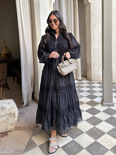 Trendy Lace Patchwork Puff Sleeve Bogemian Dress