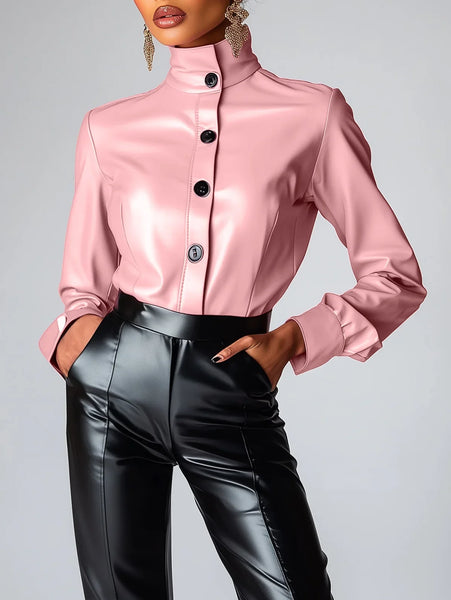 Trendy Pink Faux Leather Long Sleeve Blouse