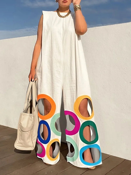 Trendy Hollow Out Wide Leg Rainbow Circle Jumpsuit