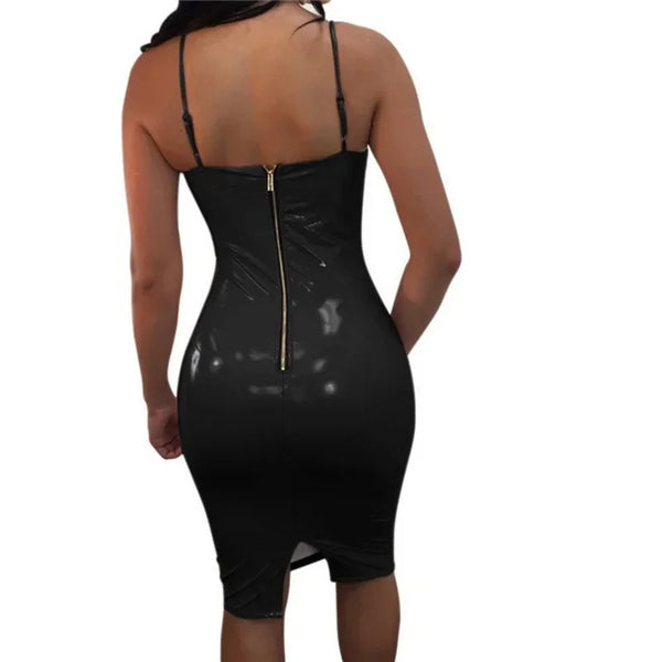 Trendy Backless Faux Leather Party Dress
