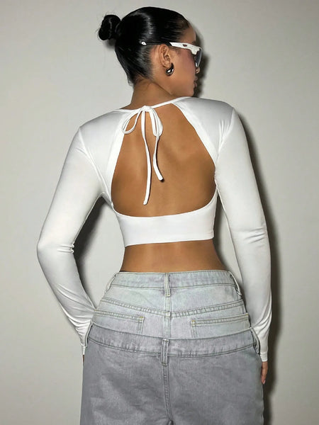 Trendy Hollow Out V Neck Backless Blouse