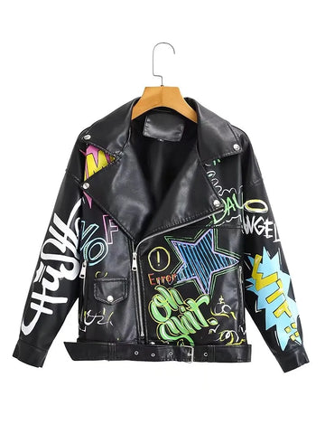 Trendy Print Graffiti Soft Punk Cropped Jacket