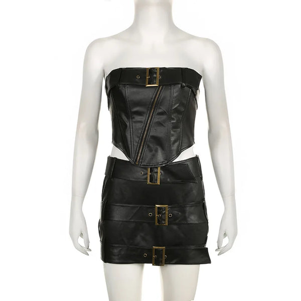 Trendy Punk Faux Leather Buckle Strapless Crop Top Mini Skirt