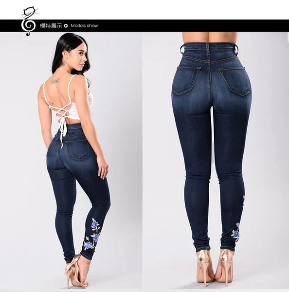 Trendy High Waist Floral Embroidered Denim Blue Jeans