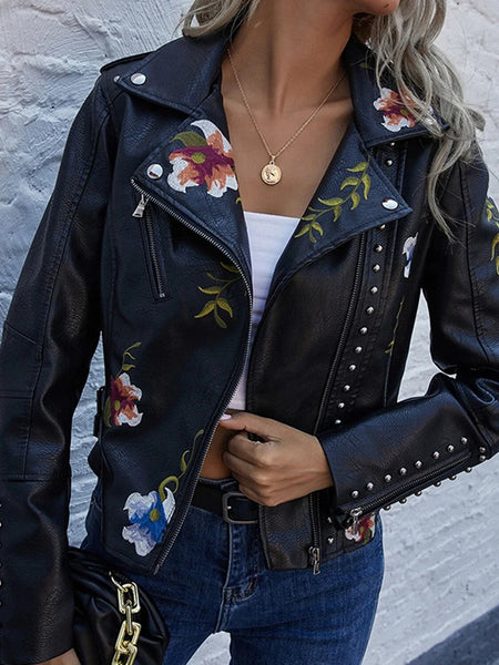 Trendy  Faux Leather Floral Print Jacket