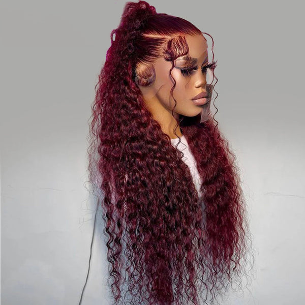 Trendy 26 Inch Long Burgundy Preplucked Curly Lace Front Wig