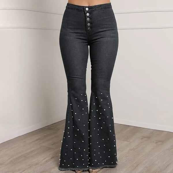 Trendy Rhinestone Flare Stoned Washed Denim Jeans