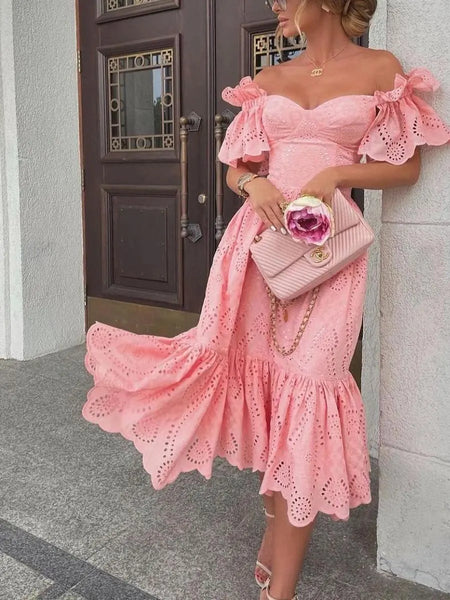 Trendy Off The Shoulder Solid Dot Fabric Dress
