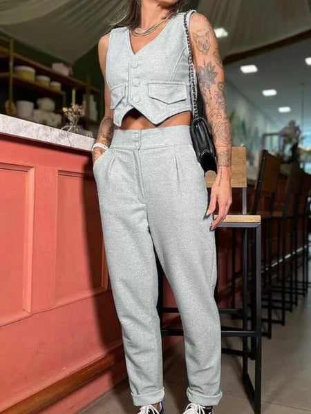 Trendy Casual Single Breasted White Vest And Pants Set