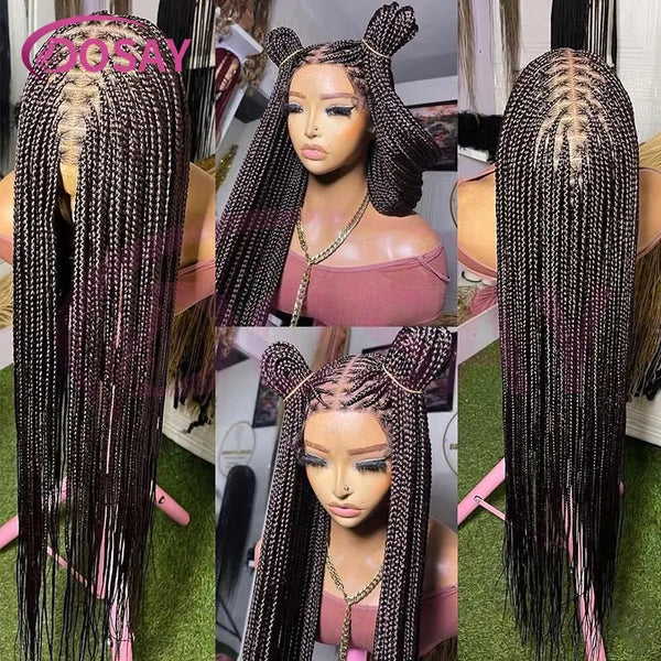 36Inch Burgundy Synthetic Long Box Braided Wig Full Lace Straight Knotless Cornrow Braid with Baby Hair for Women