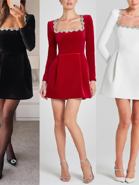 Trendy Velvet Square Beaded Collar Dress