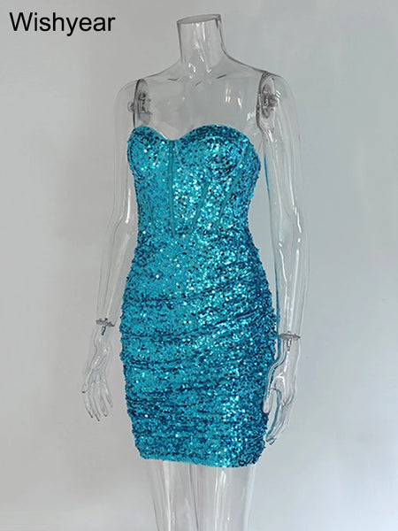 Trendy Turquoise Beaded Sequin Party Mini Dress