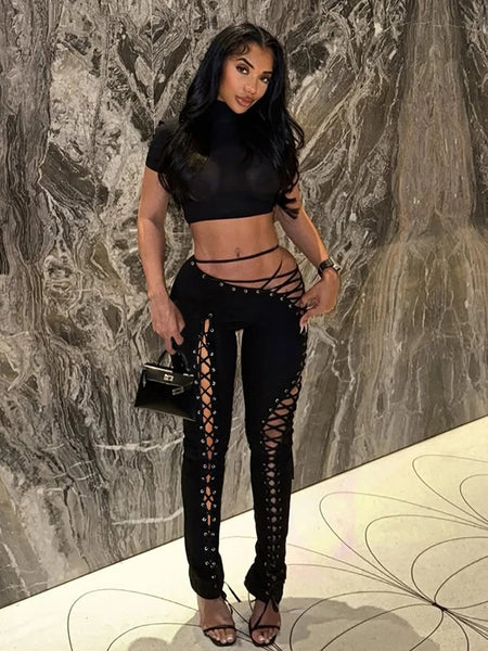 Trendy Bandage Halter Two Piece Hollow Out Top And Pants Set