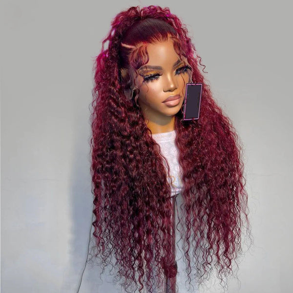 Trendy 26 Inch Long Burgundy Preplucked Curly Lace Front Wig