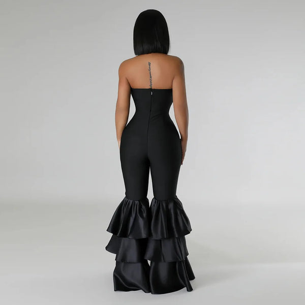 Trendy Black Satin Ruffle Halter Jumpsuit