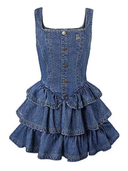 Trendy Denim Mini Ruffle Floral Dress With Shirt