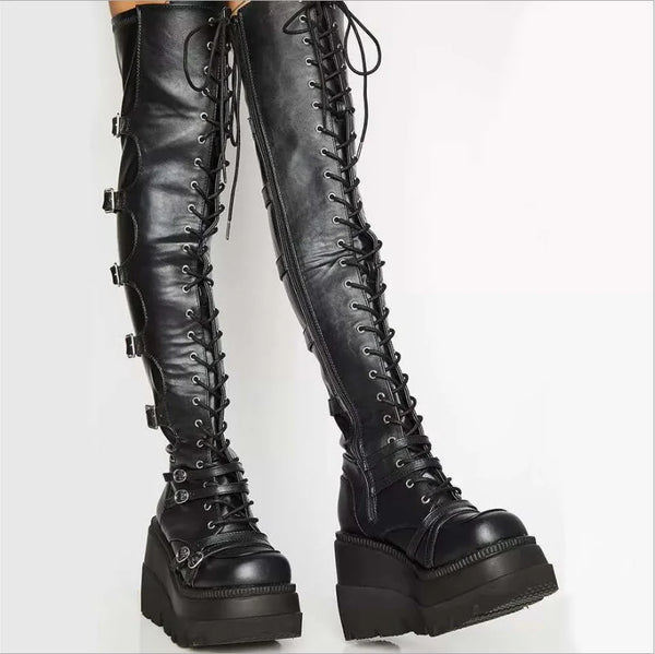 Trendy Black Thigh High Platform Wedges Boots