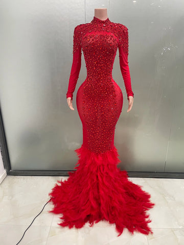 Trendy Red Crystal Feather Long Mermaid Formal Dress