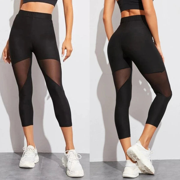 Trendy Black Mesh Patchwork Capri Leggings