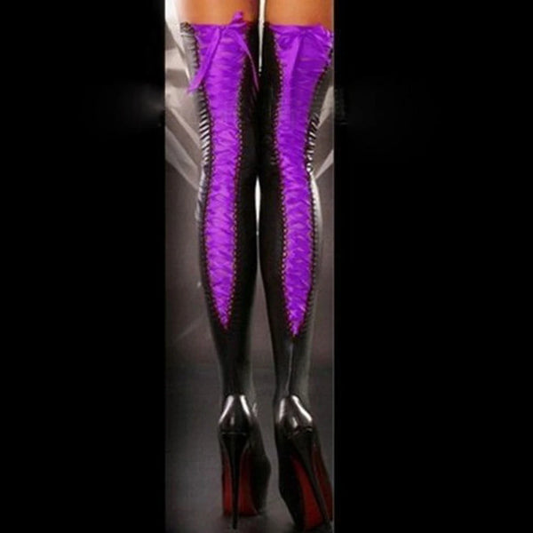 Trendy High Patent Leather Lace Up Stockings