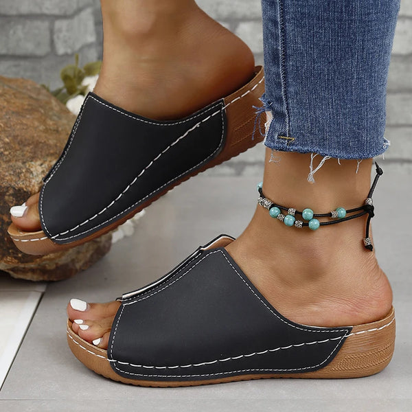 Trendy Slip On Wedge Leather Sandals