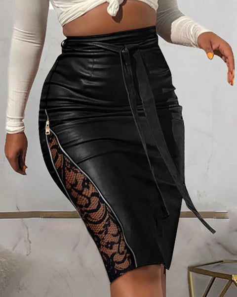 Trendy Black Faux Leather High Waist Mesh Skirt