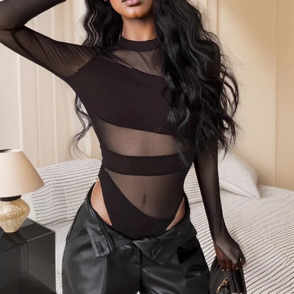 Trendy Black Cross Cut Mesh Bodysuit