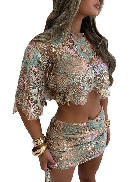 Trendy Sequined Embroidery Design Two Piece Top And Bottom Set