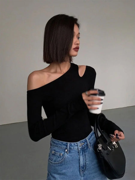 Trendy Off Shoulder Black Hollow Out Blouse