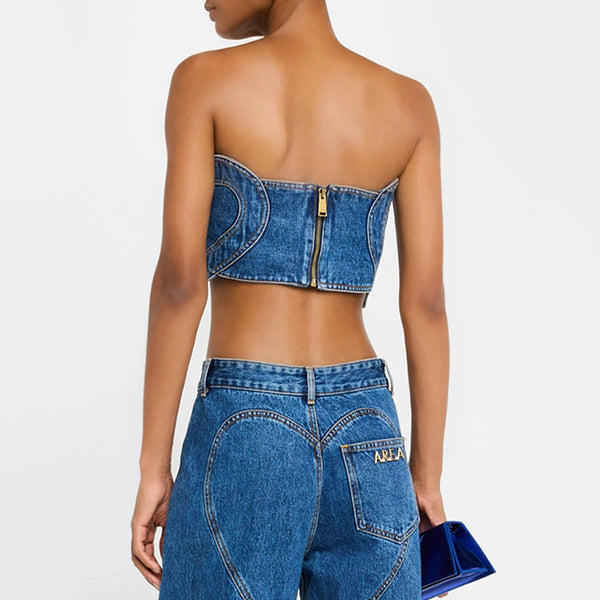 Trendy Heartfelt Two Piece Denim Hollow out Crop Top And Pants Set