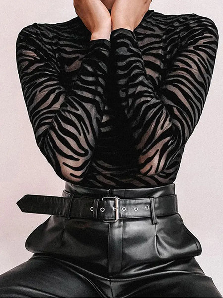 Trendy Mesh Striped Black Bodysuit