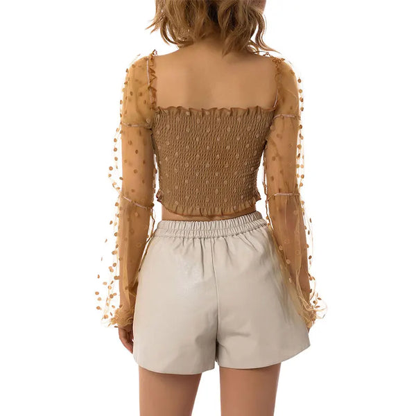 Trendy Sheer Mesh Polka Dot Crop Ruffle Blouse