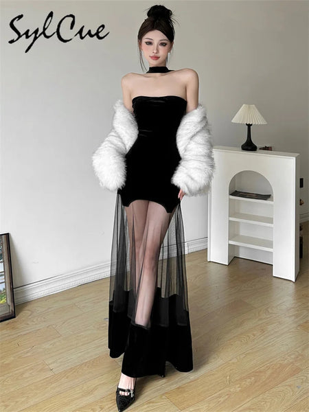 Trendy Mesh Black Halter Formal Dress