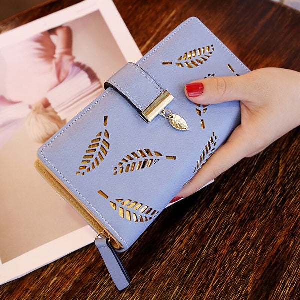 Women Wallet PU Leather Purse Female Long Wallet Gold Hollow Leaves Pouch Handbag For Women Coin Purse Card Holders Clutch