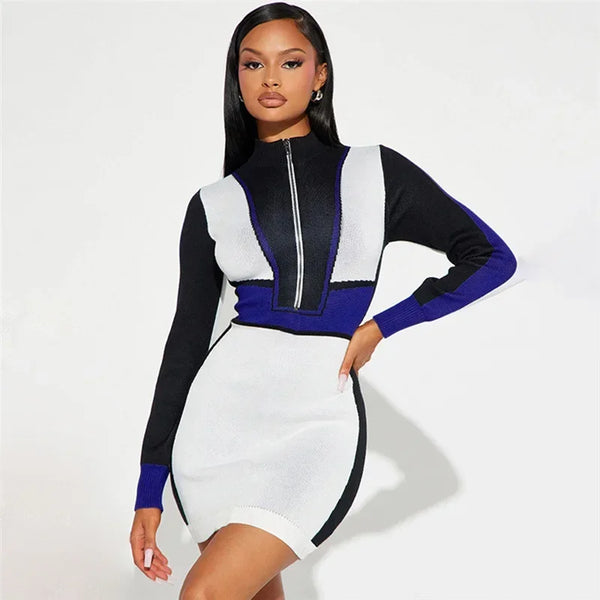 Trendy Patchwork Knitted Long Sleeve  Dress