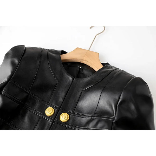 Trendy Black Crop Leather Jacket With Gold Buttons