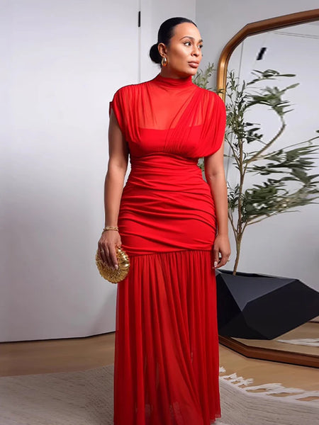 Trendy Red Mid Turtle Neck Mesh Maxi Dress