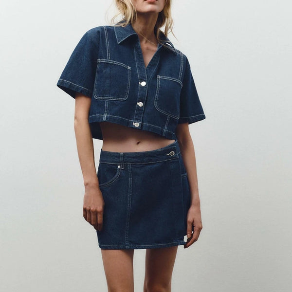 Trendy Denim Scooter Skirt  With Retro Crop Top