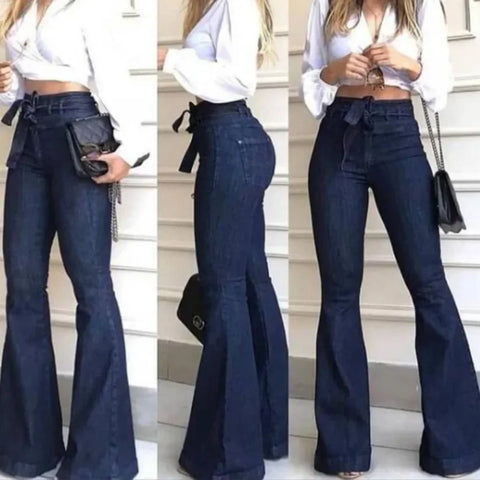 Trendy Solid Color High Waist Flare Pants With Belt