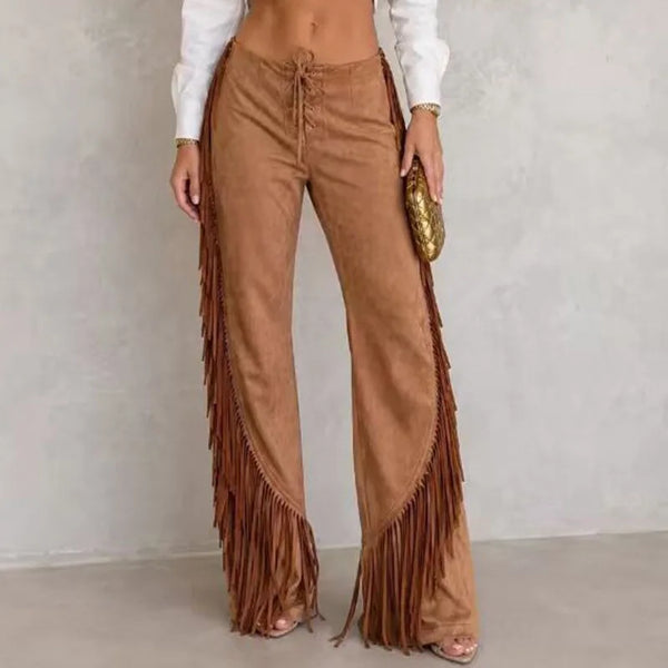 Trendy Fringed Bell Bottoms Velvet Pants