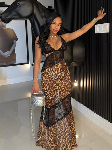 Trendy Leopard Patchwork Mesh Maxi Dress