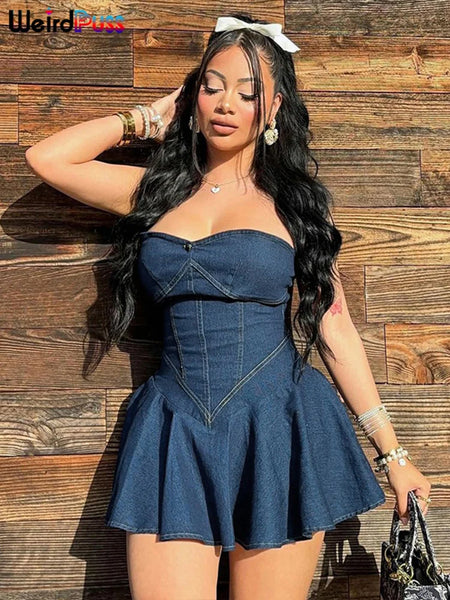 Trendy Denim Strapless Hipster Party Dress