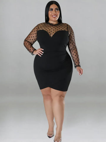 Trendy Plus Size Long Sleeve Polka Dot Mesh Dress